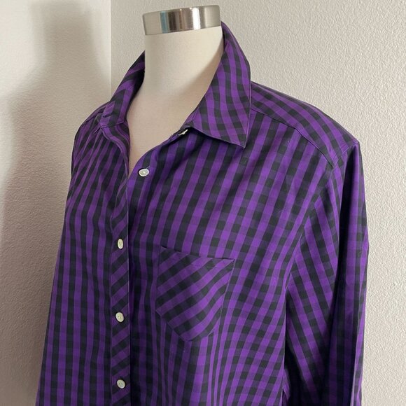 Foxcroft Womens Plus 18W Non Iron Purple Black Gingham Check Button Up Shirt Top - Picture 2 of 9